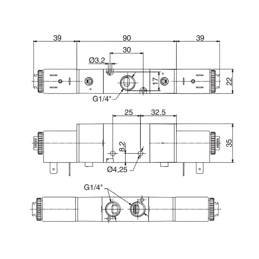 Pneumatic Solenoid Valve 1/4", 3/2 Normally Closed Double Coil 24Vdc