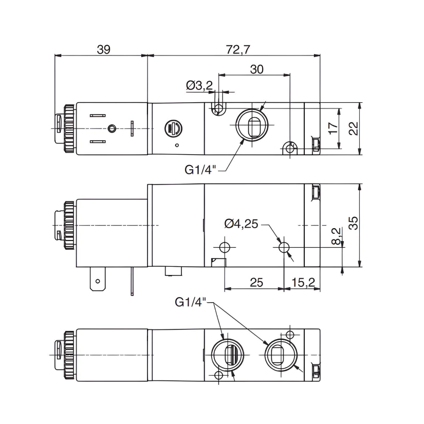 Pneumatic Solenoid Valve 1/4", 3/2 Normally Closed Spring Return 110Vac
