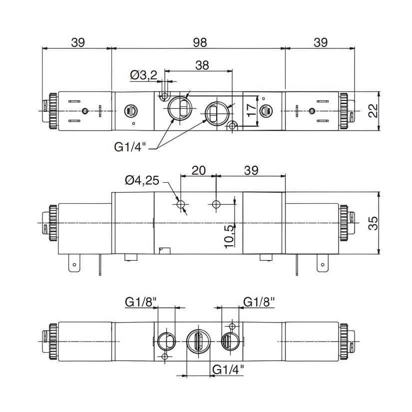 Pneumatic Solenoid Valve 1/4", 5/2 Double Coil No Coil