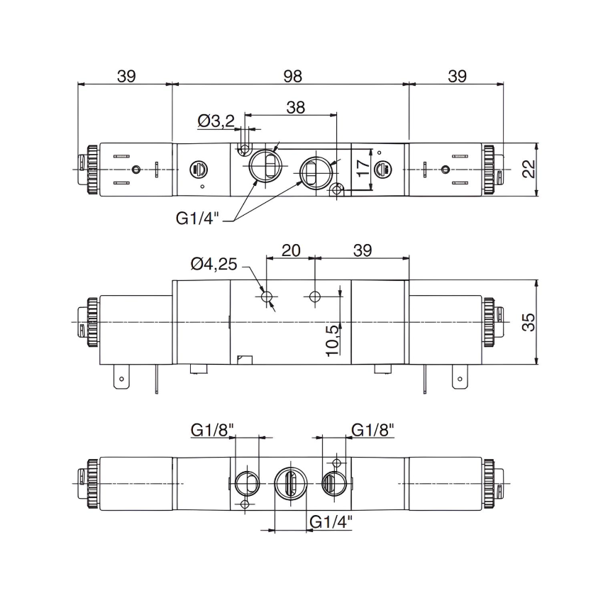Pneumatic Solenoid Valve 1/4", 5/2 Double Coil 110Vac
