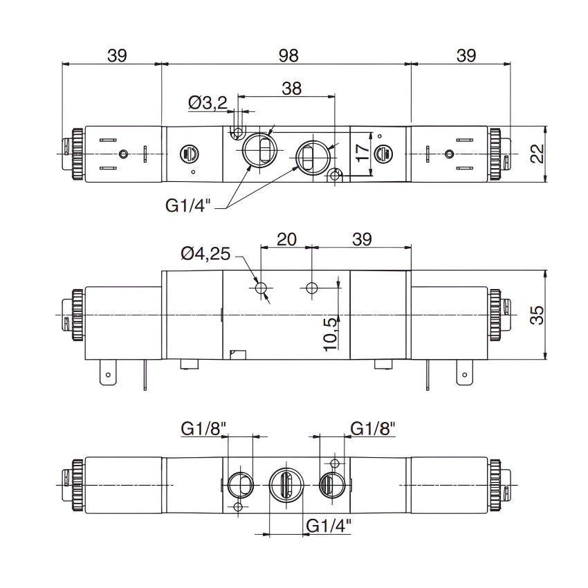 Pneumatic Solenoid Valve 1/4", 5/3 Closed Center Double Coil 24Vac