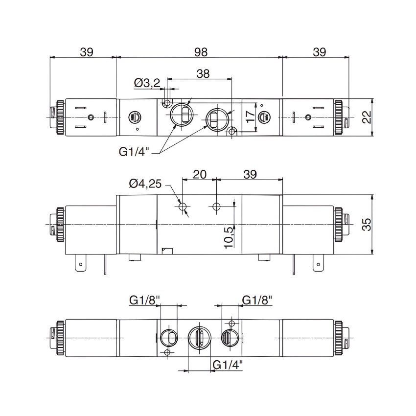 Pneumatic Solenoid Valve 1/4", 5/3 Closed Center Double Coil 110Vac
