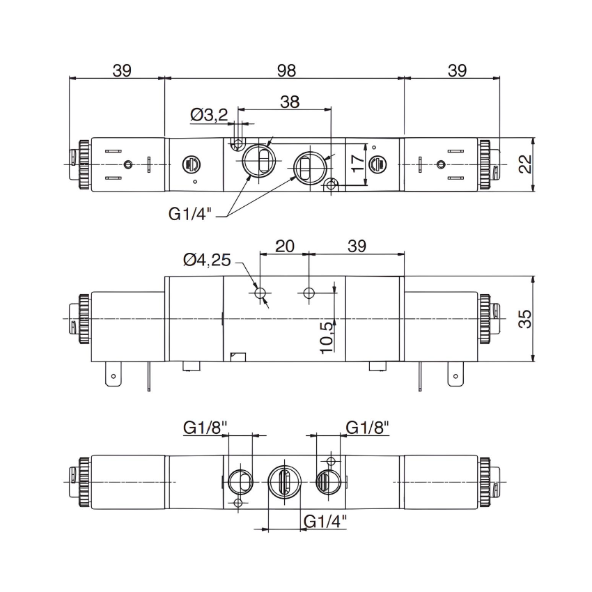 Pneumatic Solenoid Valve 1/4", 5/3 Closed Center Double Coil 220Vac