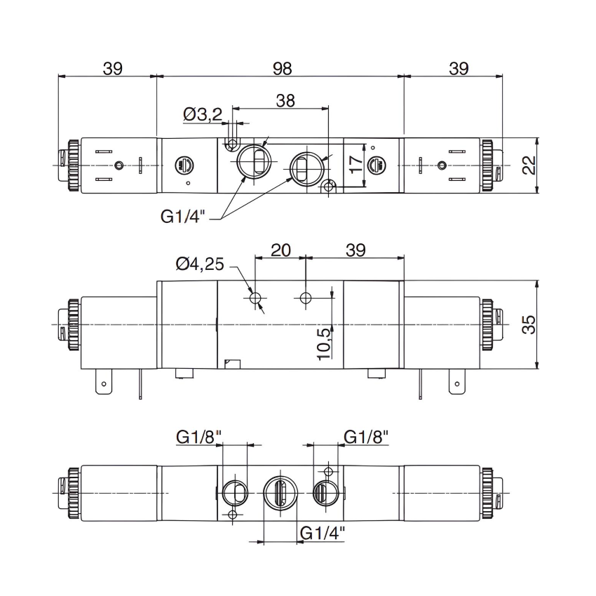 Pneumatic Solenoid Valve 1/4", 5/3 Exhaust Center Double Coil 110Vac