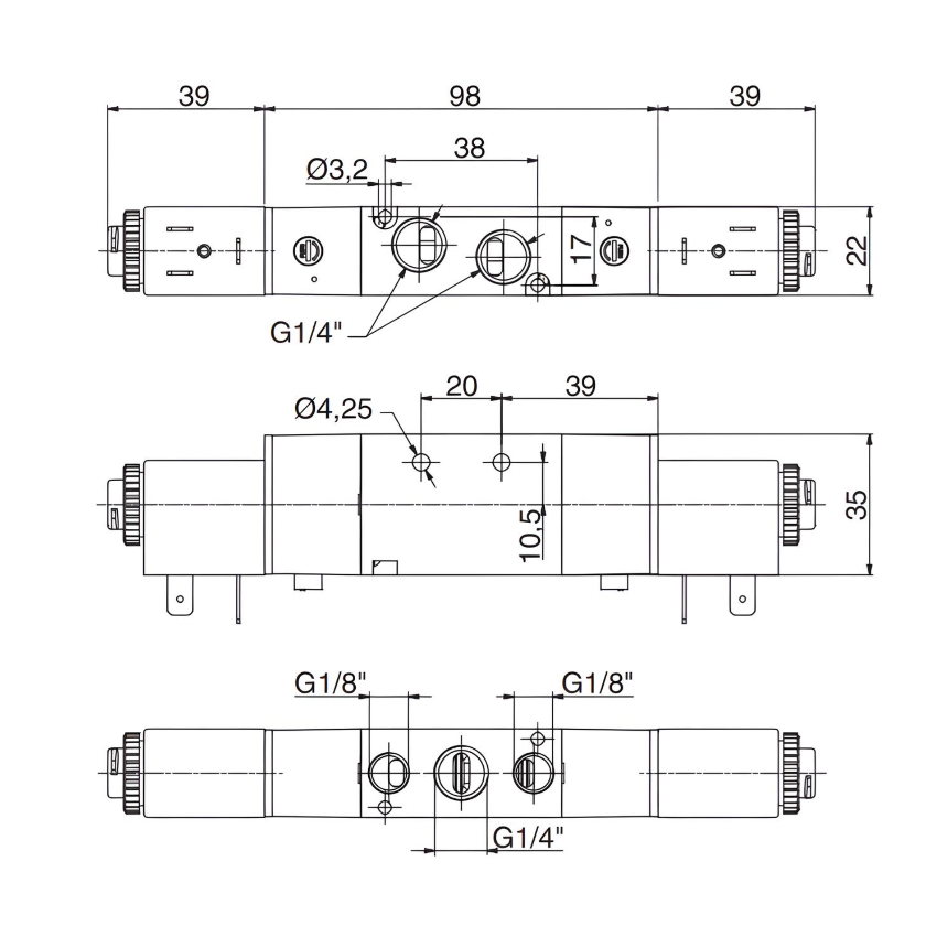 Pneumatic Solenoid Valve 1/4", 5/3 Pressure Center Double Coil 24Vdc