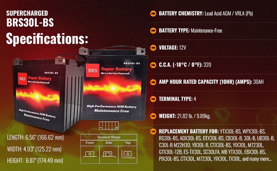 High Performance BRS30L-BS 12v Sealed AGM PowerSport 2 Year Warranty