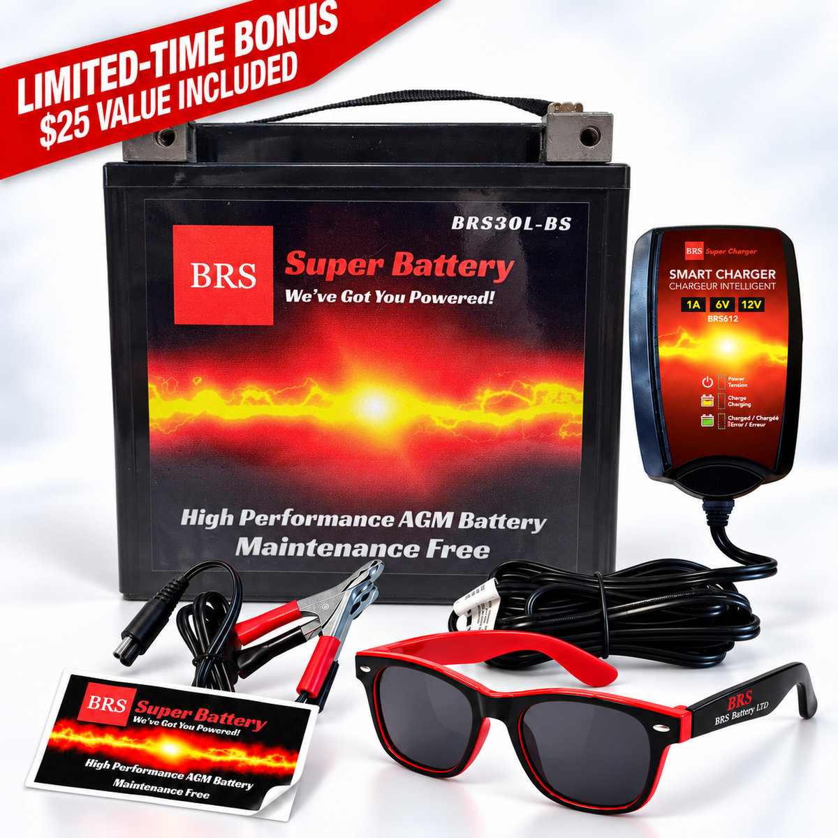BRS30L-BS Kit combiné batterie et chargeur/mainteneur intelligent sous garantie de 30 jours