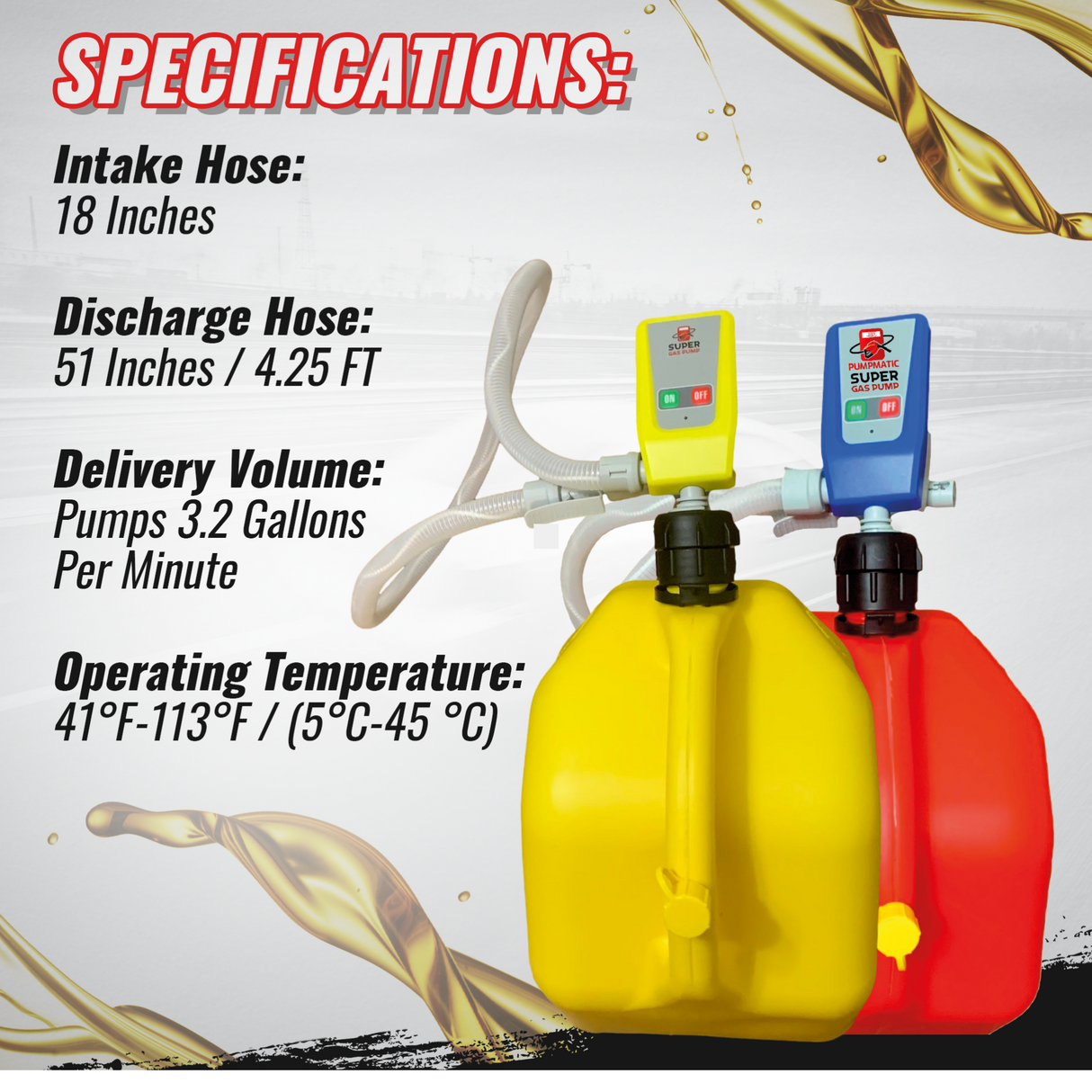Diesel PumpMatic Super Gas Pump Fuel Transfer Pump + 3 Power Sources w/ 4.25ft Hose Siphon