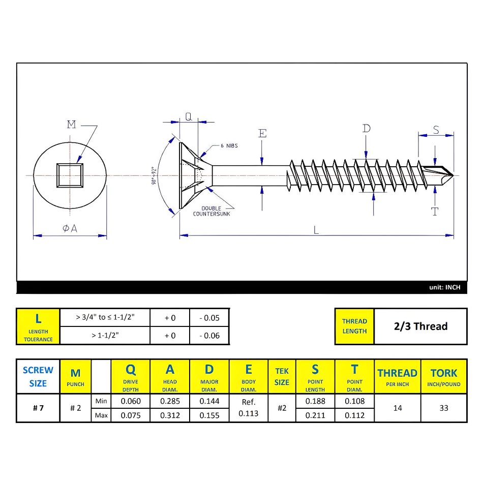 #7 x 1-3/4" Wood Screws Flat Head W/ Nibs Square Drive Fine Thread Self-Drilling (TEK) Point Zinc