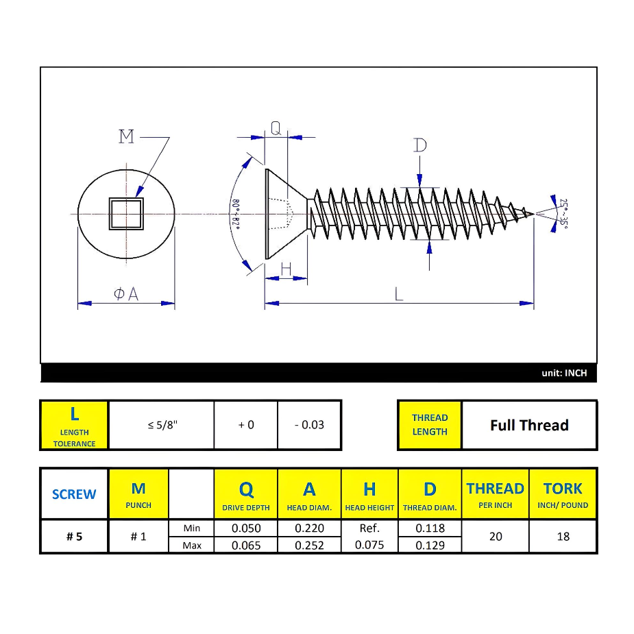 #5 x 1/2" Wood Screws Flat Head Square Drive Twinfast Thread Regular Point Antique Brass