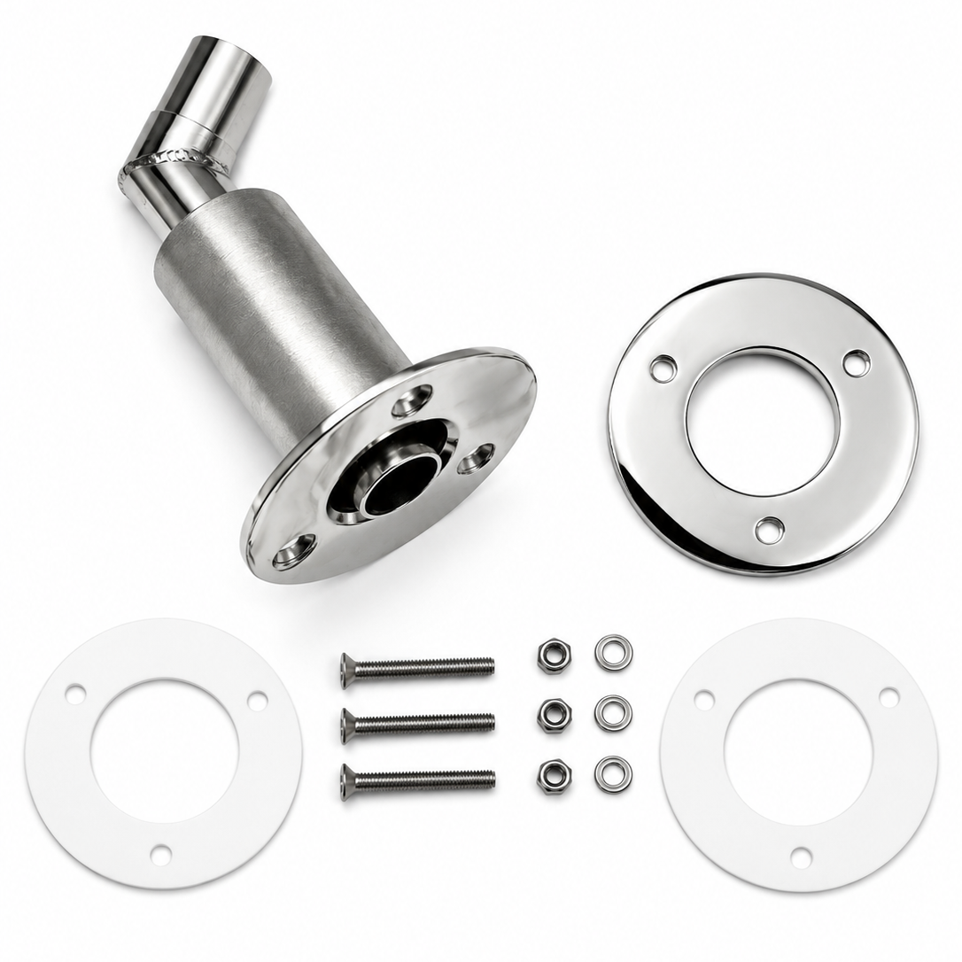 Stainless Steel Thru Hull Fitting, 24 mm, 90° Base, Angled Connector, with Screws