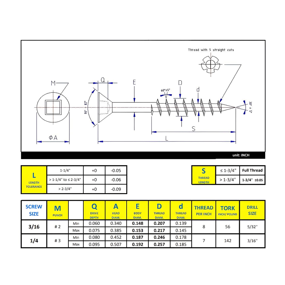 1/4" x 2-3/4" Concrete Screw Gold Seal 1150 Coating Flat Head Square Drive