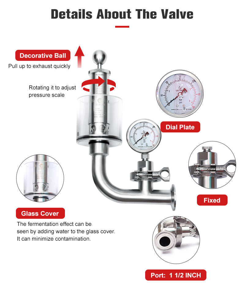 Sanitary Pressure Relief Valve 1.5'' Tri Clamp Spunding Valve with Pressure Guage, Fermenter Air Release Bunging Pressure Device Silver
