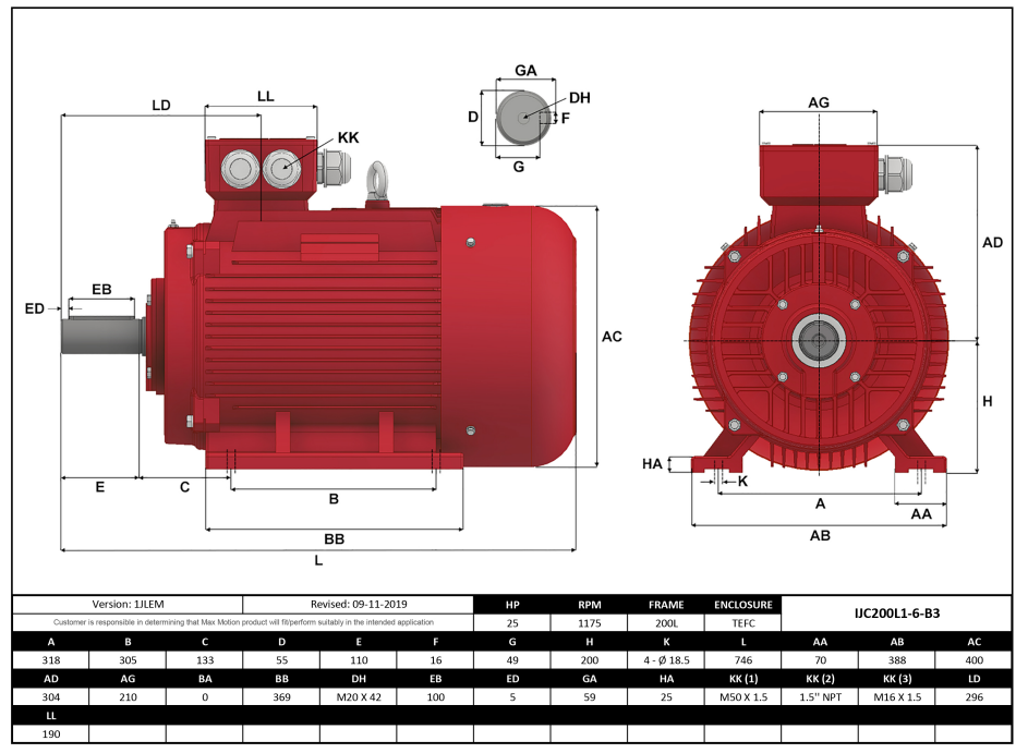 Max Motion IJC200L1-6-59 | IEC Motor 25HP, 1200RPM, 575/990V, Frame 200L, TEFC