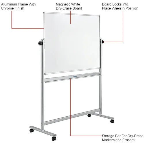 Global Industrial™ Mobile Reversible Whiteboard - 48"W x 36"H - Steel - Silver Frame