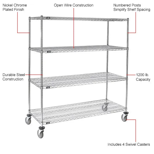 Nexel® 4 Shelf Truck, Chrome, 60"W x 24"D x 69"H, Polyurethane Stem Casters, 4 Swivel