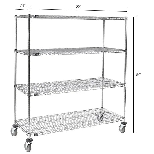 Nexel® 4 Shelf Truck, Chrome, 60"W x 24"D x 69"H, Polyurethane Stem Casters, 4 Swivel