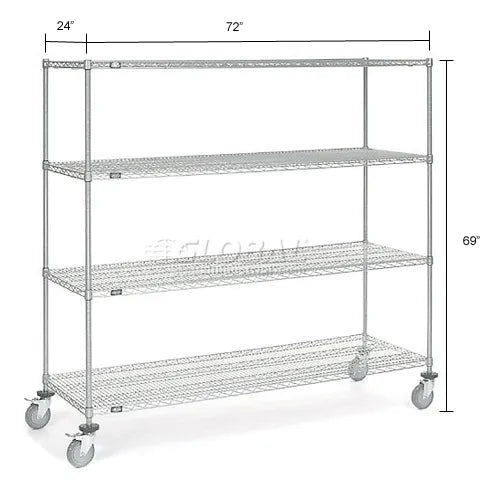 Nexel® 4 Shelf Truck, Chrome, 72"W x 24"D x 69"H, Polyurethane Stem Casters, 4 Swivel, 2 Brake