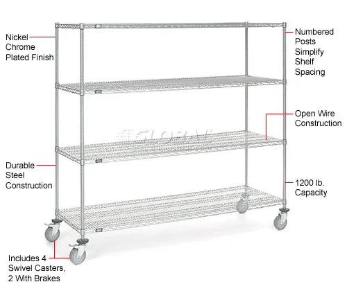 Nexel® 4 Shelf Truck, Chrome, 72"W x 24"D x 69"H, Polyurethane Stem Casters, 4 Swivel, 2 Brake