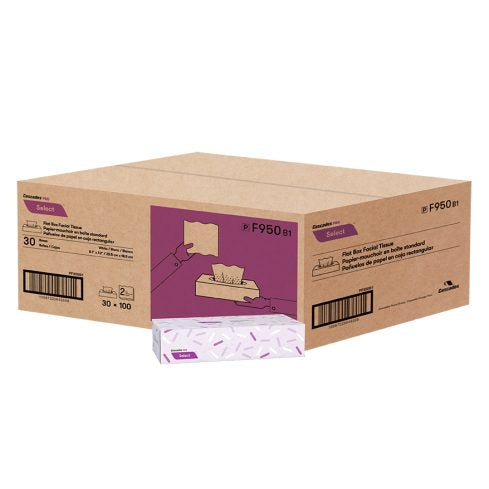 Cascades PRO Select Flat Box Facial Tissue, 2-Ply, White, 100 sheets, 30 boxes/pack