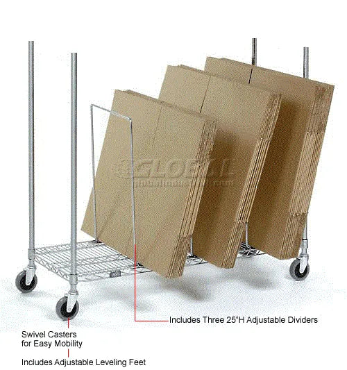 Single Level Carton Stand w/ 3 Dividers & Casters, 48"L x 18"W x 38-1/2"H, Chrome