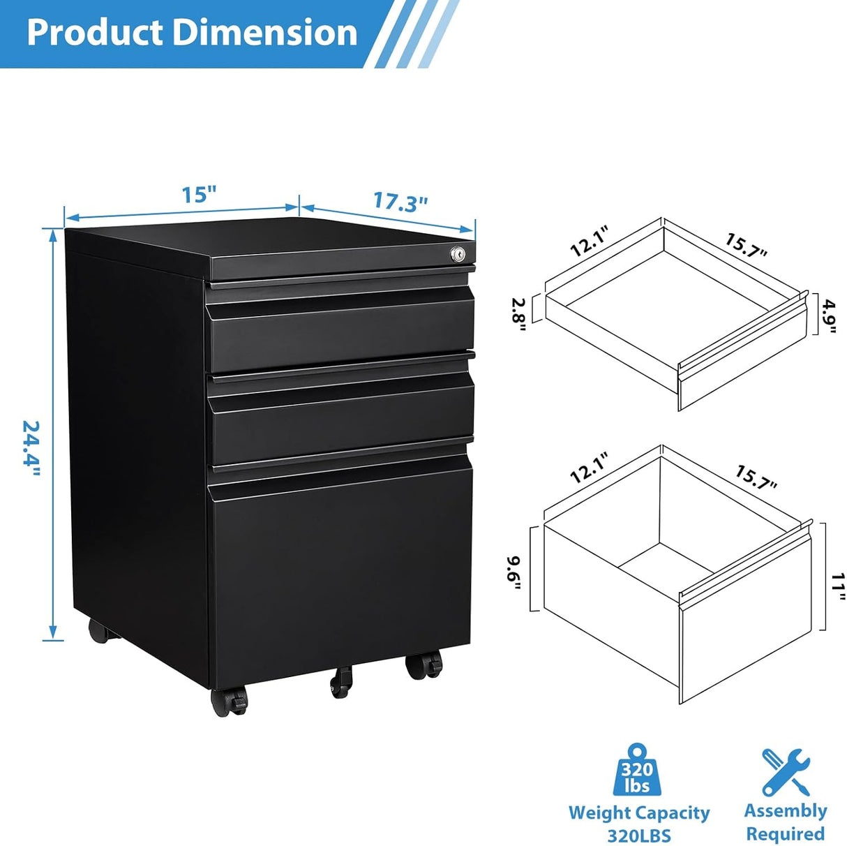 File Cabinet, 3 Drawers, 15.3”W X 17.3”D x 24.4”H, Black