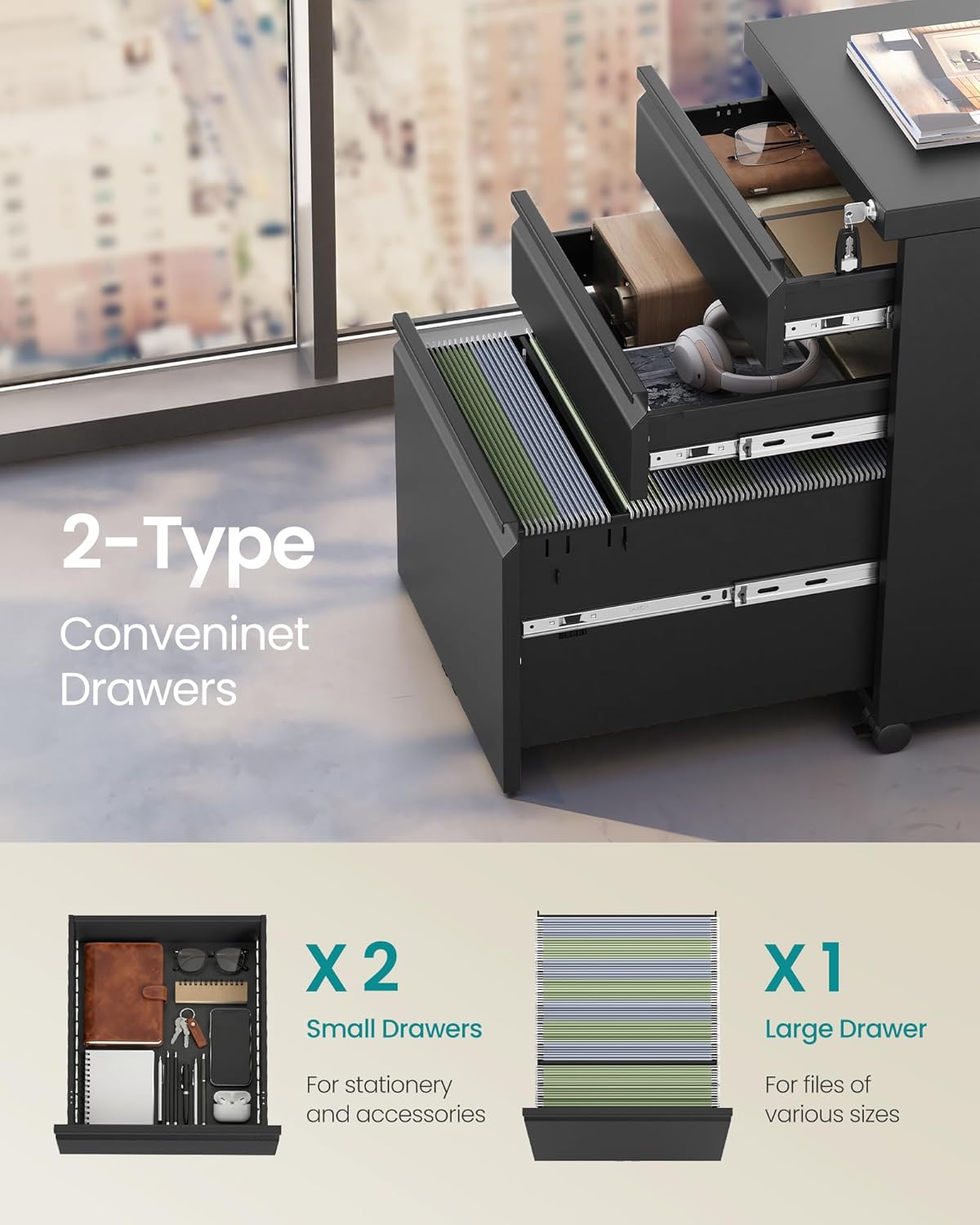 File Cabinet, 3 Drawers, 15.4''W x 19.7''D x 24.4''H, Black