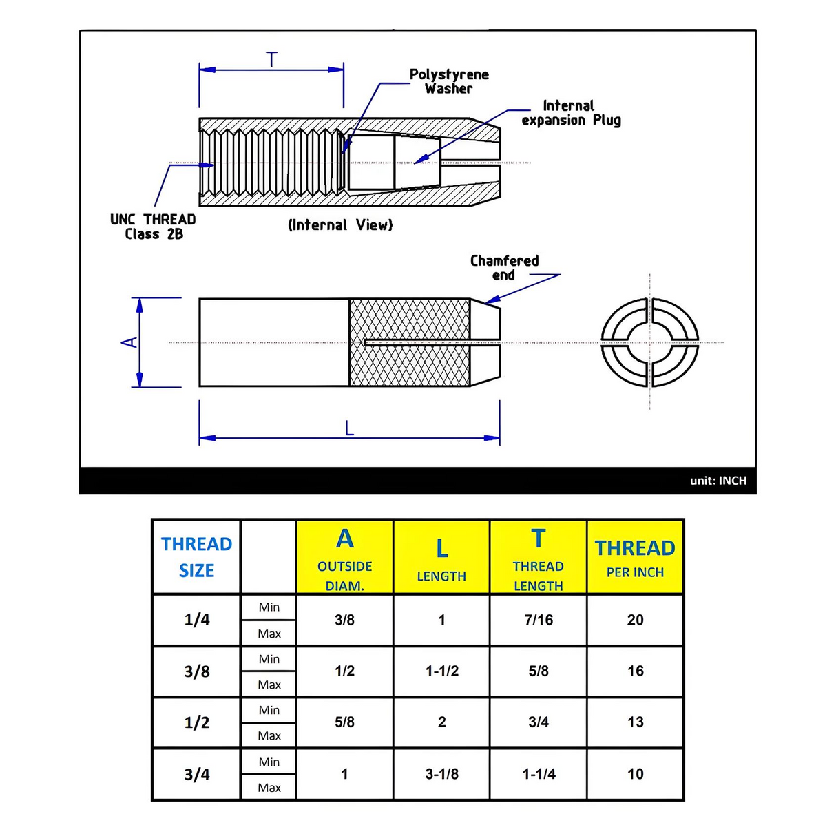 5/8" x 2-1/2" Knurled Drop-in Anchor - Stainless Steel 18-8