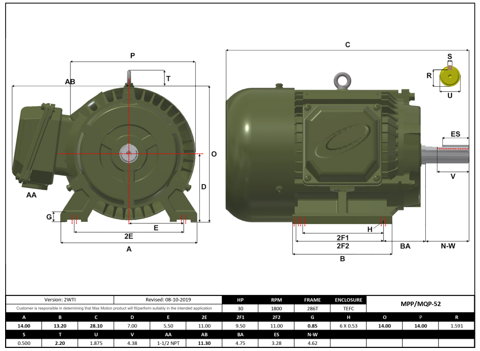 Max Motion MPP-52 | T-Frame Motor 30HP, 1800RPM, 575V, Frame 286T, TEFC, Cast Iron