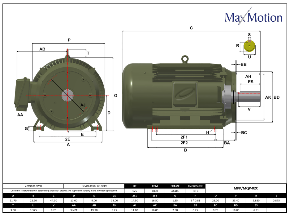Max Motion MPP-82C | T-Frame Motor 125HP, 1800RPM, 575V Frame 444TC, TEFC, Cast Iron