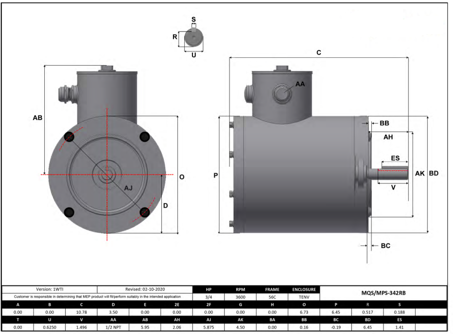 Max Motion MPS-342RB | Motor NEMA de 3/4HP, 3600RPM, 575V, Armazón 56C, TENV, Base de cuerpo redondo