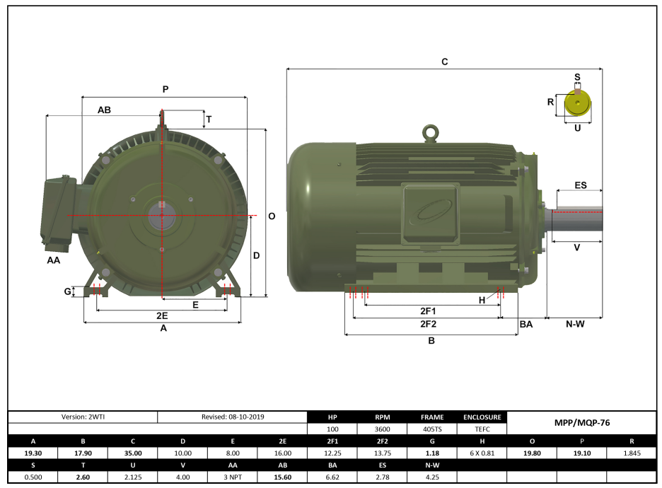 Max Motion MQP-76 | T-Frame Motor 100HP, 3600RPM, 208-230/460V, Frame 405TS, TEFC, Cast Iron