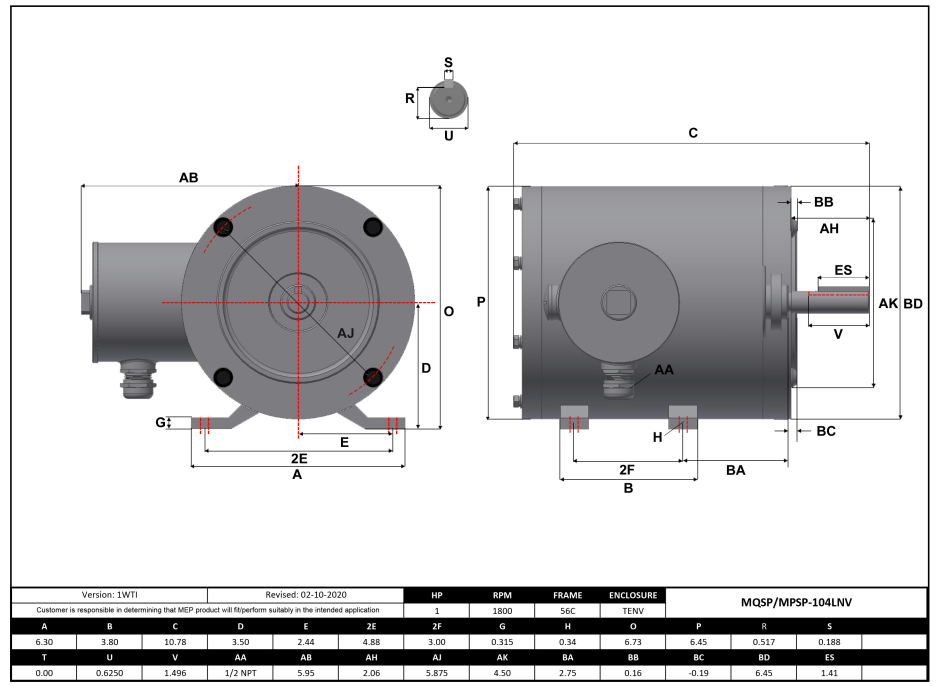 Max Motion MQSP-104LNV | NEMA Motor 1HP, 1800RPM, 208-230/460V, Frame 56C, TENV, Rigid Base