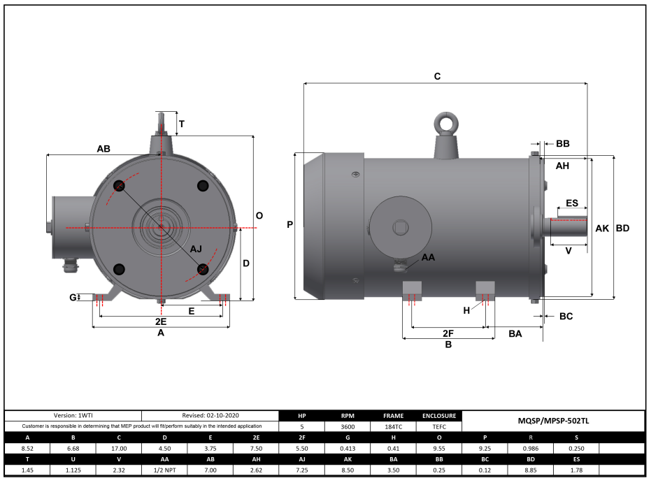 Max Motion MQSP-502TL | NEMA Motor 5HP, 3600RPM, 208-230/460V, Frame 184TC, TEFC, Rigid Base