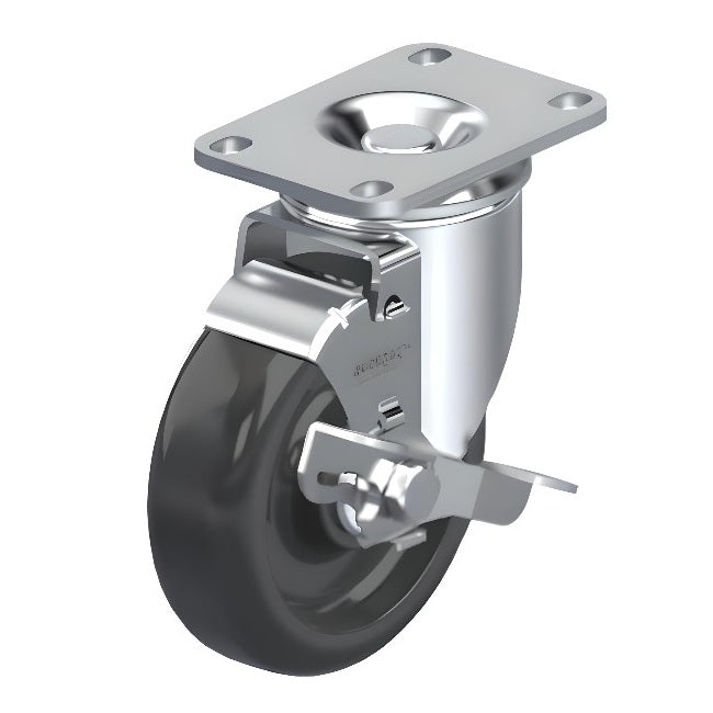 Polypropylene Black Caster 5" x 1-1/4" Swivel Wheel Brake (WB) 300 lbs Delrin® Bearing P12 Series