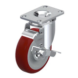 Polyurethane Maroon Caster 5" x 1-1/4" Swivel Wheel Brake (WB) 325 lbs Precision Ball Bearing P12 Series