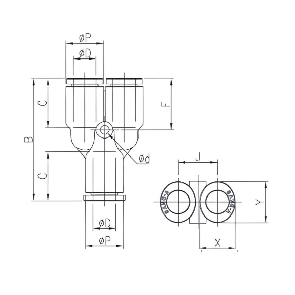 Push to Connect Wye "Y" Union 12mm x 12mm Tube OD