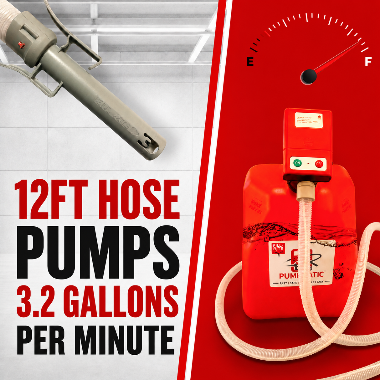 PUMPMATIC 12 FT HOSE + 5 GALLON YELLOW DIESEL CAN COMBO KIT - 3.2 GPM - GAS, DIESEL, KEROSENE