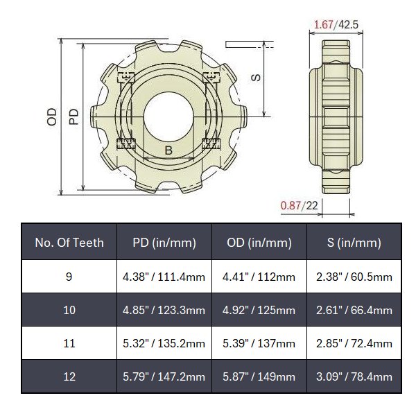 Split Idler Conveyor Sprocket (Machined) Series 882 (Bevel/TAB) - 1-1/4" Bore