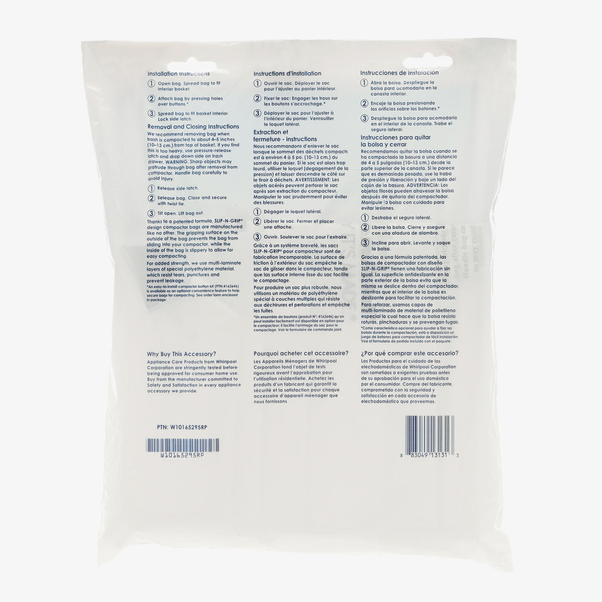 Whirlpool W10165295RP 15" White Trash Compactor Bags