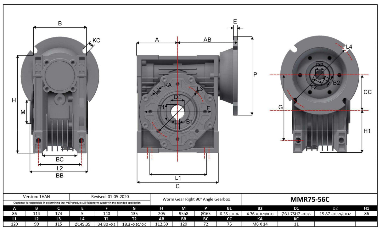 Max Motion MMR75-60-56C |  Aluminum Gearbox 56C 60:1 Size 75 Output Bore 1.25"