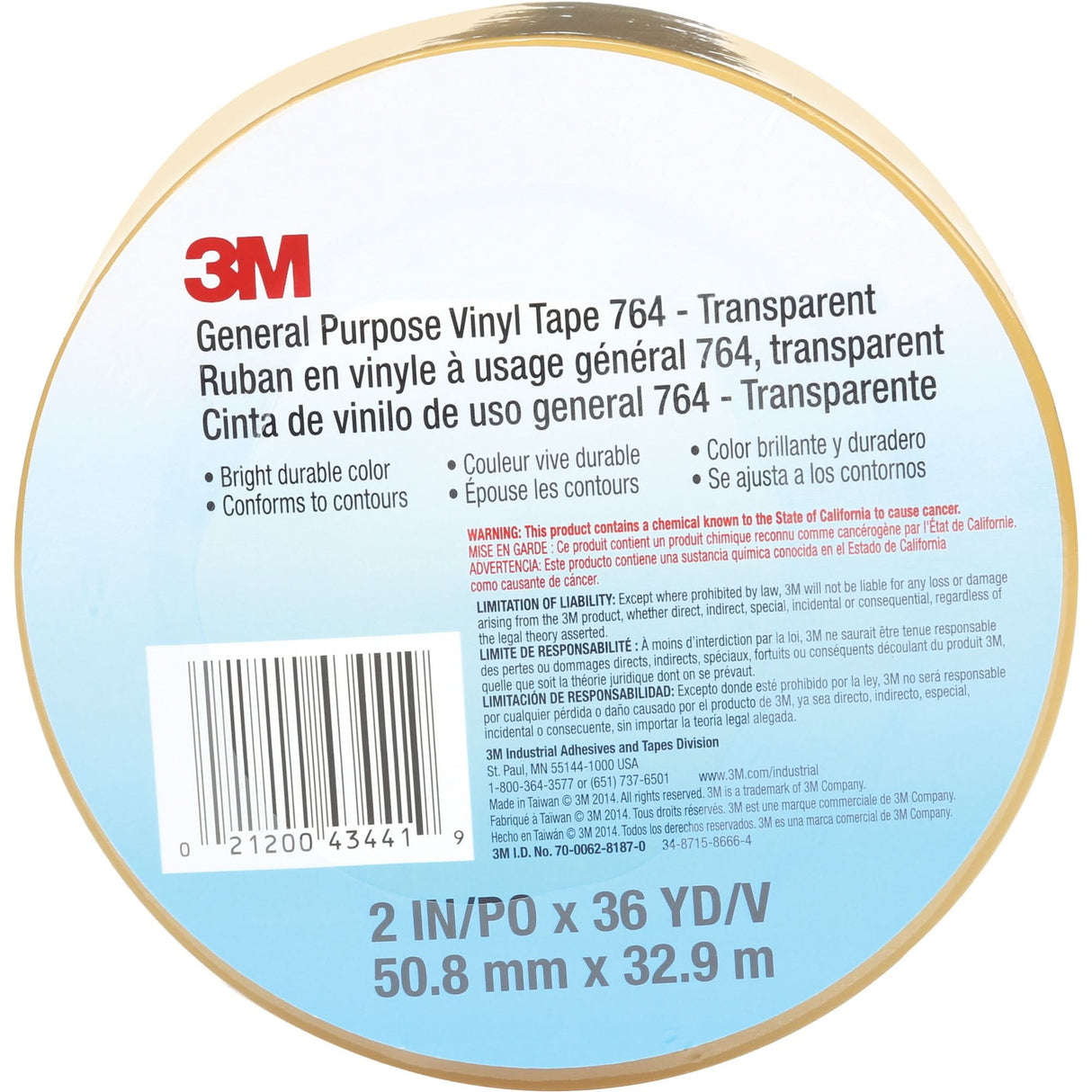 764 General-Purpose Vinyl Tape, 50.8 mm (2") W x 32.9 m (108') L, 5 mils, Clear