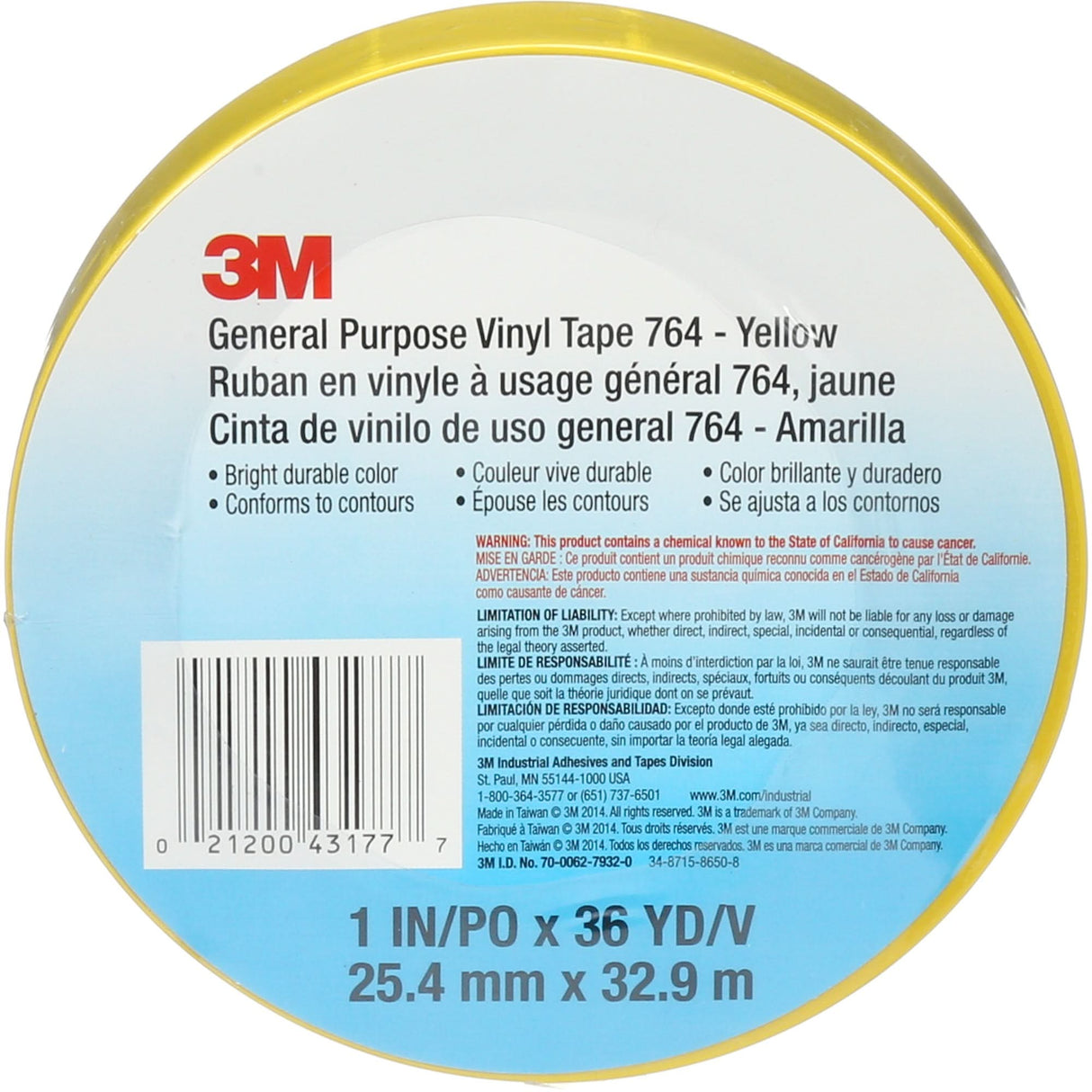 764 General-Purpose Vinyl Tape, 25.4 mm (1") W x 32.9 m (108') L, 5 mils, Yellow