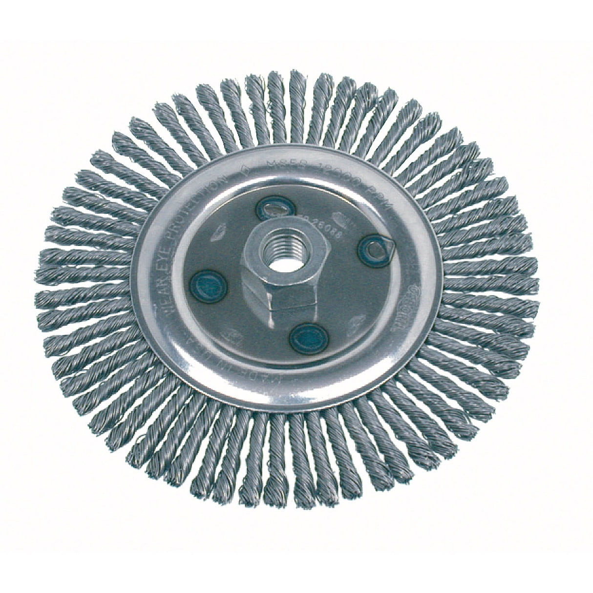 Knot Wire Wheel Brushes - Stringer Bead, 6-1/2" Dia., 0.02" Fill, 5/8"-11 Arbor, Steel