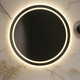 HaloLux Round LED Bathroom Mirror — Frosted Front-Light Ring + Back-Lit Halo, Dimmable, Anti-Fog & Memory (3000K/4000K/5000K) | 24″, 28″, 32″ | CE & ETL Certified