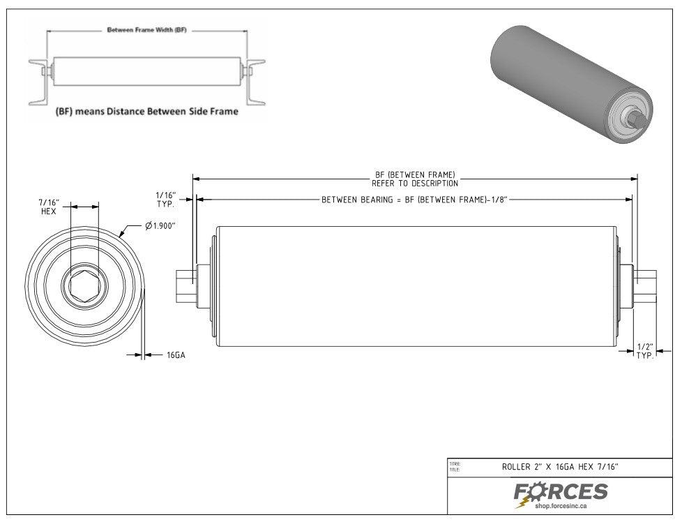 Conveyor Rollers 35-1/2" BF | 1.90" Dia. Hex Shaft 7/16" 16 Ga Galvanized