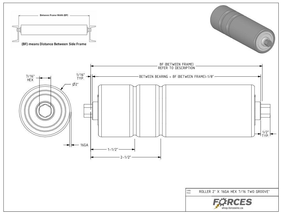 Conveyor Rollers 7-1/4" BF | 2" Dia. (2) Grooves Hex Shaft 7/16" 16 Ga HRPO