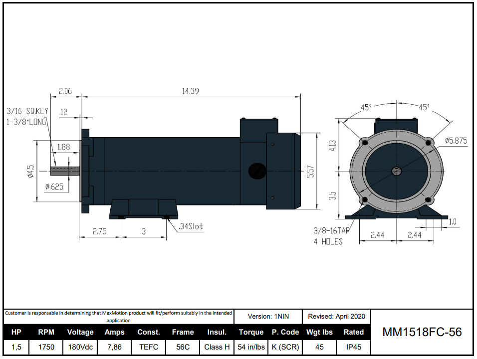 Max Motion MM1518FC-56C | DC Motor 1.5HP, 1750RPM, 180V (DC), Frame 56C, TEFC