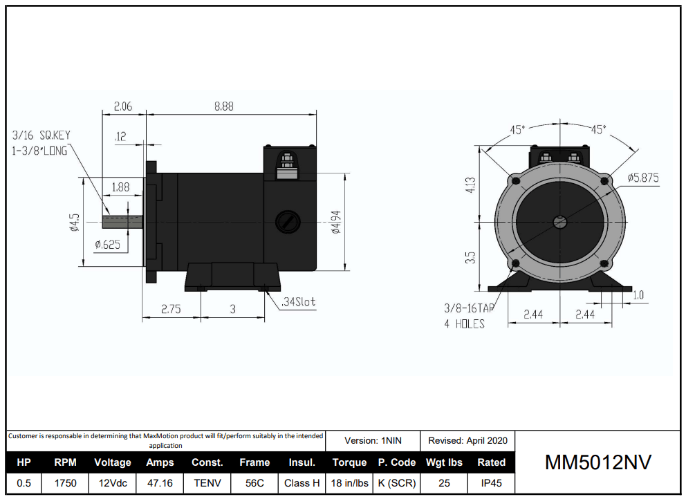 Max Motion MM5012NV | DC Motor 1/2HP, 1750RPM, 12V (DC), Frame 56C, TENV