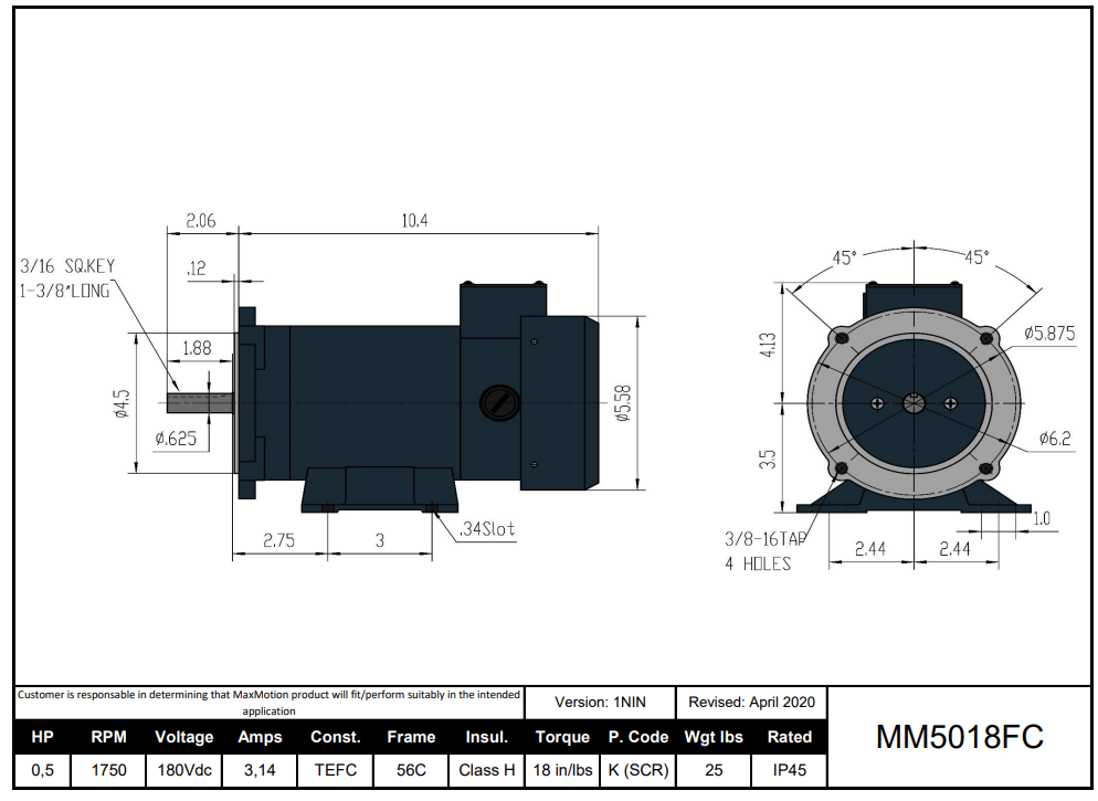 Max Motion MM5018FC | DC Motor 1/2HP, 1750RPM, 180V (DC), Frame 56C, TEFC